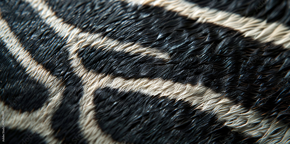 A close up of the back skin texture with vertical black and white stripes on an African zebra A close up of the back skin texture with vertical black and white stripes on an African zebra