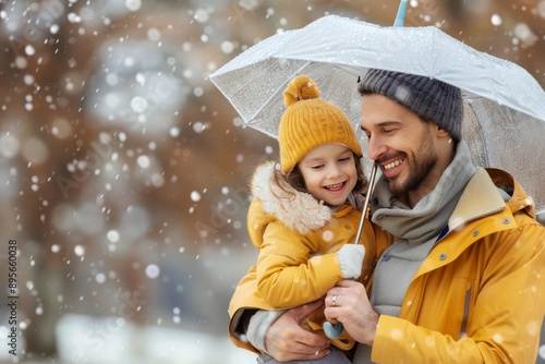 Father And Daughter Under Umbrella In Rain