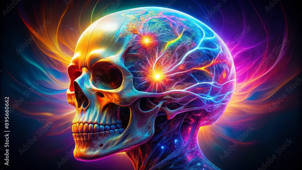 Vibrant luminescent glow emanates from human skull, representing intellect, creativity, and profound comprehension of the intricate human mind's inner workings. Vibrant luminescent glow emanates from human skull, representing intellect, creativity, and profound comprehension of the intricate human mind's inner workings.
