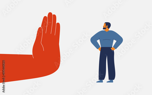 Discrimination for men. Human hand showing stop gesture for white man. Restriction legal rights for males in social life and business. Vector illustration
