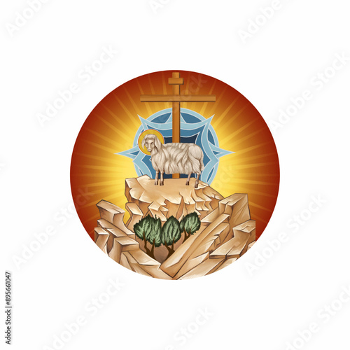 Behold the Lamb of God who takes away the sin of the world. Agnus Dei. Christian illustration in Byzantine style 