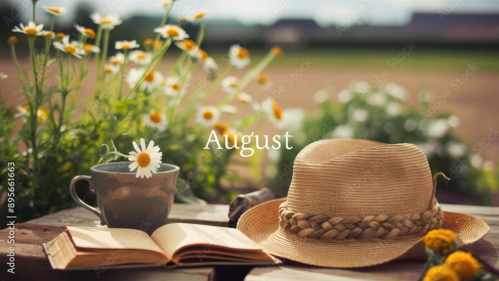 A hat, book and cup of coffee on a table, AI A hat, book and cup of coffee on a table, AI