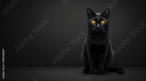 Fototapeta Naklejka Na Ścianę i Meble -  A black cat with yellow eyes, sitting on a black background, looking directly at the camera.