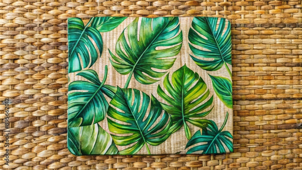 Vibrant tropical leaf pattern adorns a rustic, distressed paper coaster on a natural woven fiber background, evoking a laid-back bohemian vibe. Vibrant tropical leaf pattern adorns a rustic, distressed paper coaster on a natural woven fiber background, evoking a laid-back bohemian vibe.