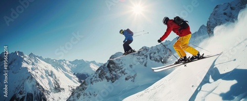 Two Skiers Soaring in the Alps