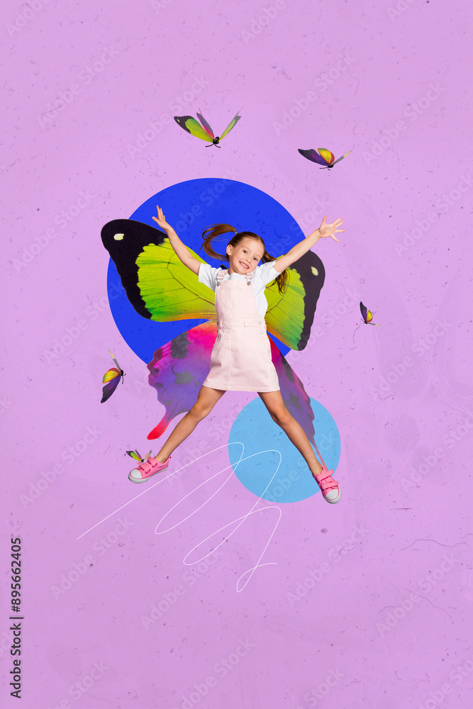 Vertical photo collage of happy small cute girl fly butterflies wings fairy spring season bug colorful isolated on painted background Vertical photo collage of happy small cute girl fly butterflies wings fairy spring season bug colorful isolated on painted background