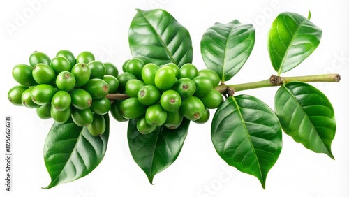 Freshly harvested green coffee beans attached to a branch with delicate leaves isolated on a transparent background for design. photo