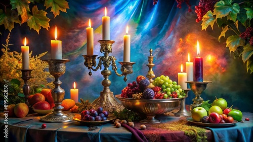 Ethereal, ornate table setting with Holy Grail, candles, and fruit amidst Renaissance-inspired, vividly colored, mystical digital backdrop. photo