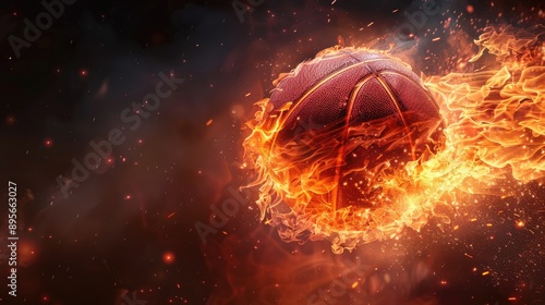 Fiery basketball, burning mid-air, with intense flames and heat, the red and black colors creating an abstract sports image. © Neuraldesign