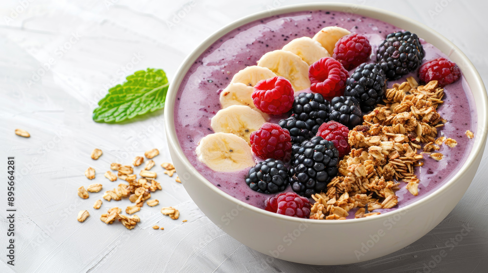 Delicious smoothie bowl topped with banana, raspberry, blackberry, and granola, perfect for a healthy breakfast. Delicious smoothie bowl topped with banana, raspberry, blackberry, and granola, perfect for a healthy breakfast.