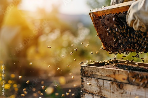 Beekeeper checking a hive with bees swarming 