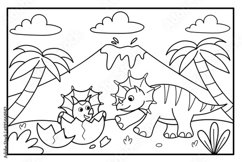 dino land coloring pages, line art cute illustration of a styracosaurus and its newly hatched babies