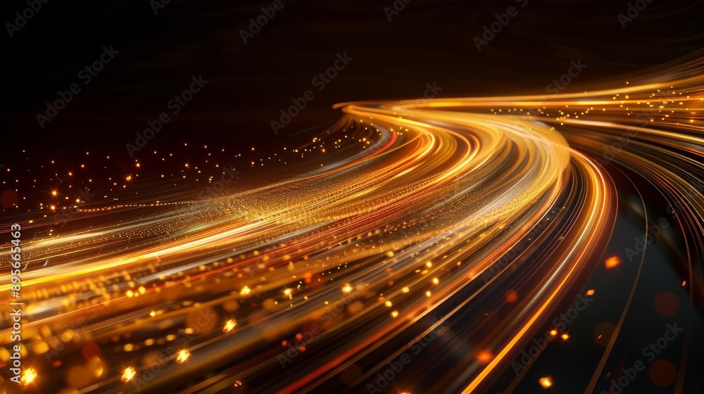 A captivating scene of golden light trails swirling and arching in the darkness The dynamic curves and lines A captivating scene of golden light trails swirling and arching in the darkness The dynamic curves and lines