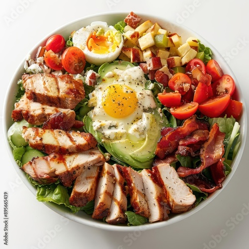 arafed salad with chicken, avocado, tomatoes, and eggs photo