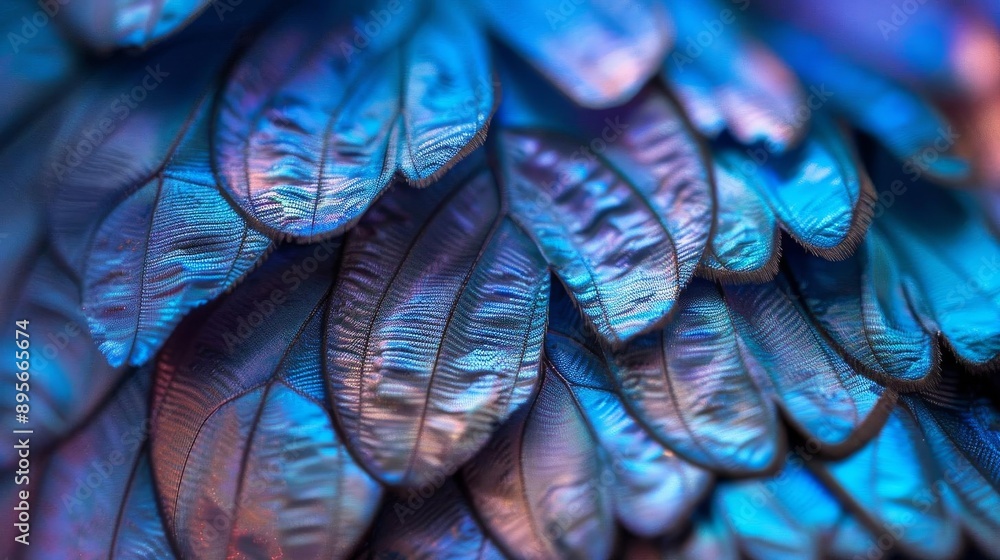 A highly detailed macro photograph capturing the intricate pattern of iridescent blue scales on a butterfly wing The closeup reveals the mesmerizing texture and delicate structure A highly detailed macro photograph capturing the intricate pattern of iridescent blue scales on a butterfly wing The closeup reveals the mesmerizing texture and delicate structure