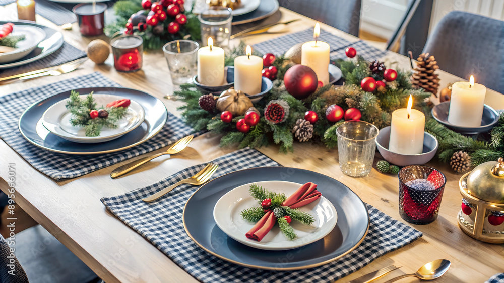 Naklejka premium Christmas dinner table with festive decorations and candles