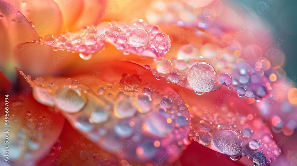 An exquisite macro shot capturing the beauty of nature with a closeup of a flower petal covered in sparkling water droplets The droplets magnify the petals textures and colors An exquisite macro shot capturing the beauty of nature with a closeup of a flower petal covered in sparkling water droplets The droplets magnify the petals textures and colors