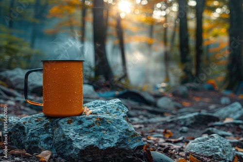 A simple orange mug with steaming drink placed on rocky surface in peaceful forest, surrounded by sun rays filtering through trees, evoking calm and serenity amidst nature.