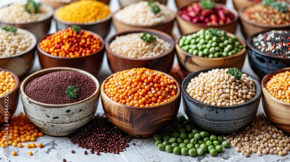 Assorted grains pattern on white background perfect for food bloggers and culinary design projects