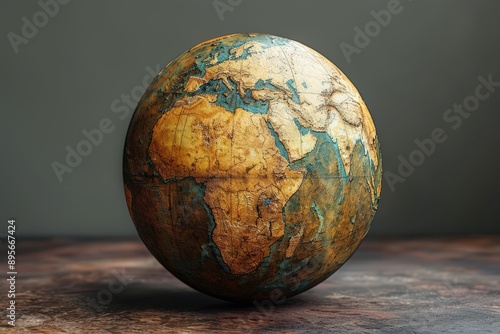 An antique-style world map depicted on a spherical object, showcasing the continents with rich detail and a vintage aesthetic, highlighting Africa prominently.