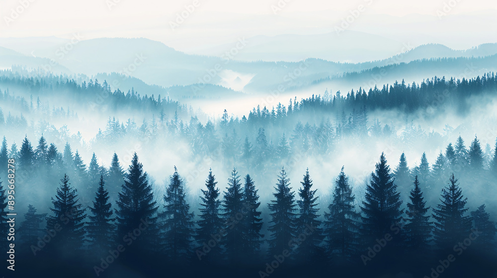 Foggy Pine Forest Landscape in Blue Tones Foggy Pine Forest Landscape in Blue Tones