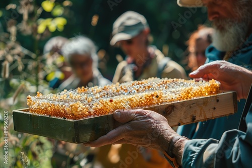Beekeeper showing a honey-filled frame to a group of visitors 