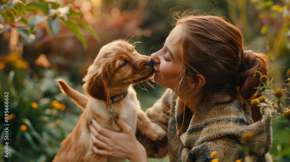 Naklejka premium Playful puppy giving kisses to its laughing owner in a beautiful garden