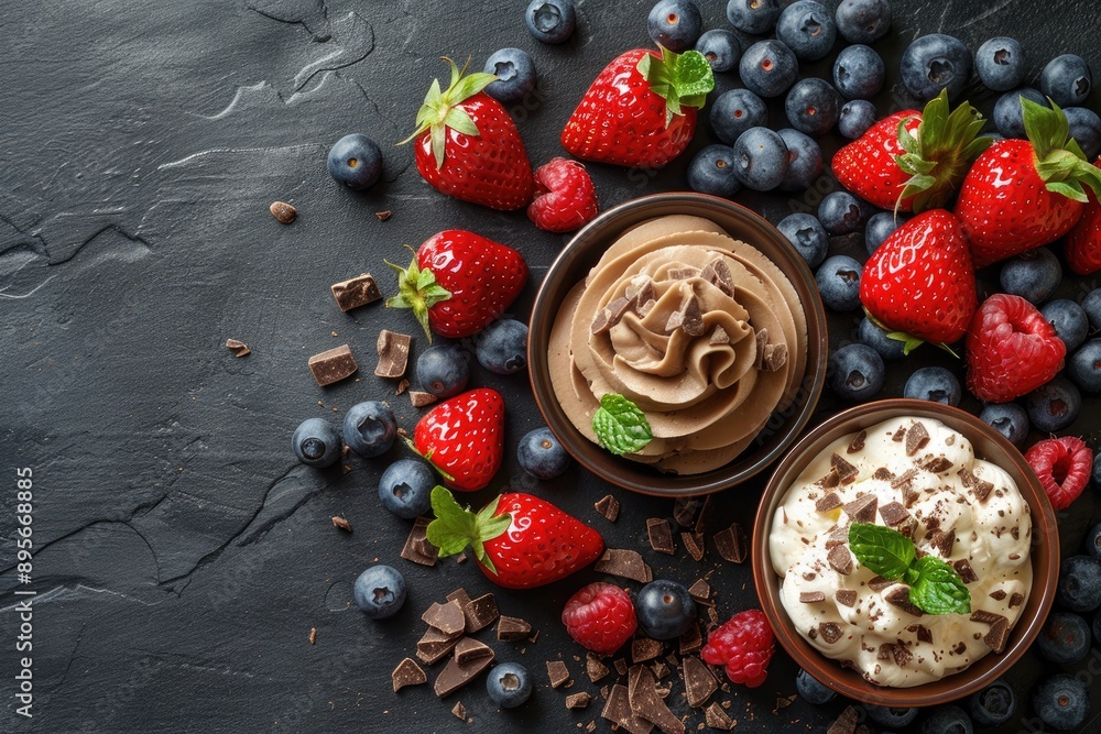A delectable arrangement of chocolate cream whipped cream fresh berries and chocolate pieces on a black slate surface A delectable arrangement of chocolate cream whipped cream fresh berries and chocolate pieces on a black slate surface