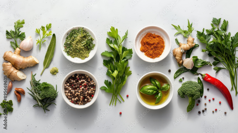 Overhead shot of various herbs and spices on a clean surface, showcasing healthy vegetable ingredients rich in fiber and vitamins