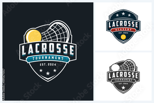 Lacrosse logo sport design template, lacrosse sport emblem vector, lacrosse tournament logo badge design vector illustration