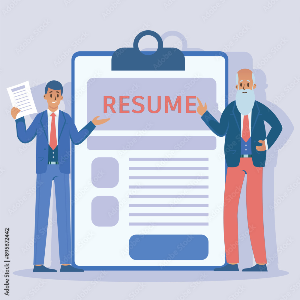 Cartoon male businessman characters standing by the giant clipboard with a resume form attached to it. Young and senior men pointing on the cv blank. Flat design. Vector illustration. Cartoon male businessman characters standing by the giant clipboard with a resume form attached to it. Young and senior men pointing on the cv blank. Flat design. Vector illustration.