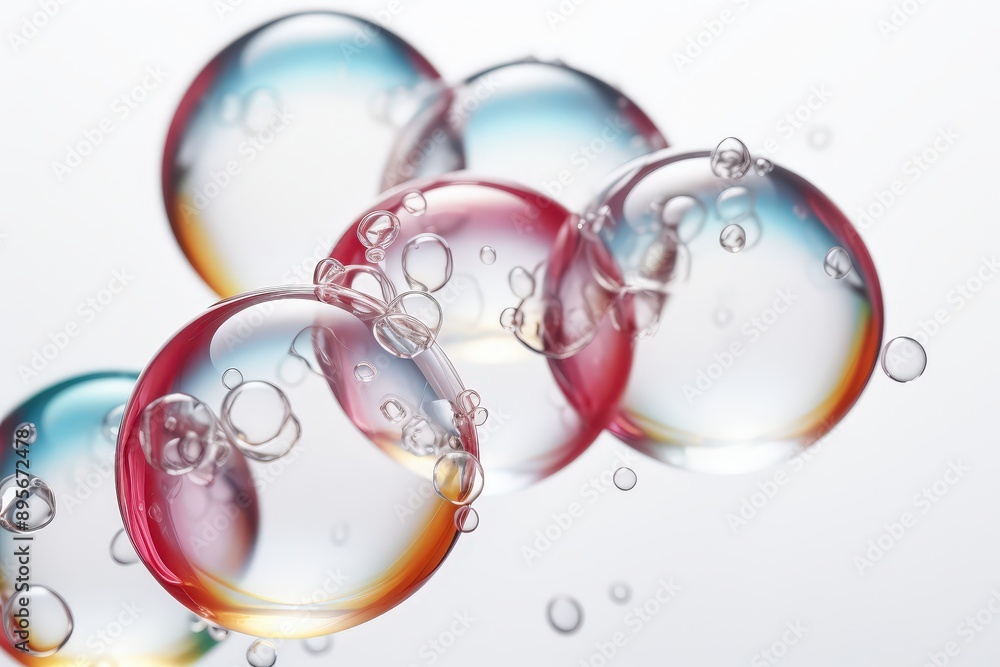 Water Droplets With Vibrant Hues, Soap foam bubbles on white Water Droplets With Vibrant Hues, Soap foam bubbles on white