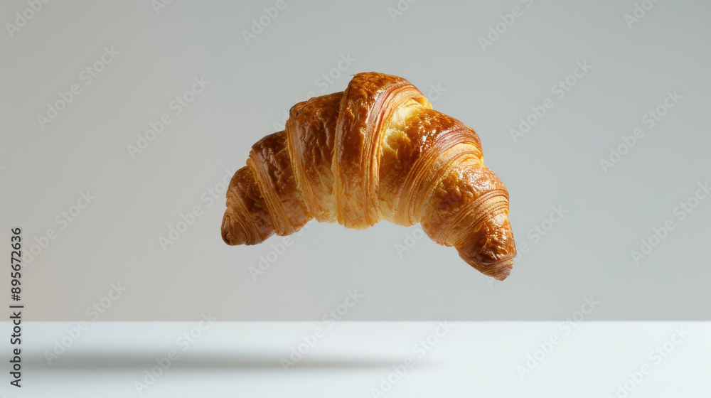 Single croissant mid-air on a clean white background, perfect breakfast moment Single croissant mid-air on a clean white background, perfect breakfast moment