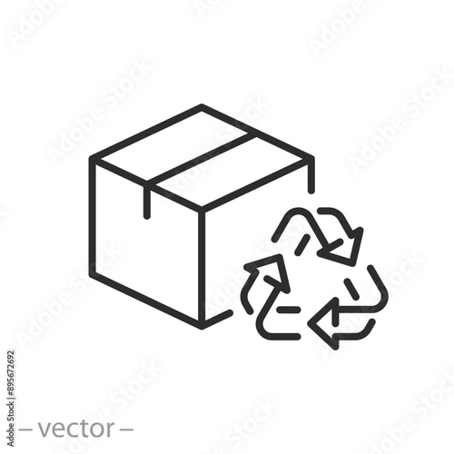 parcel box recycling icon, eco packaging concept, recycle card box or waste trash, thin line symbol on white background - editable stroke vector illustration