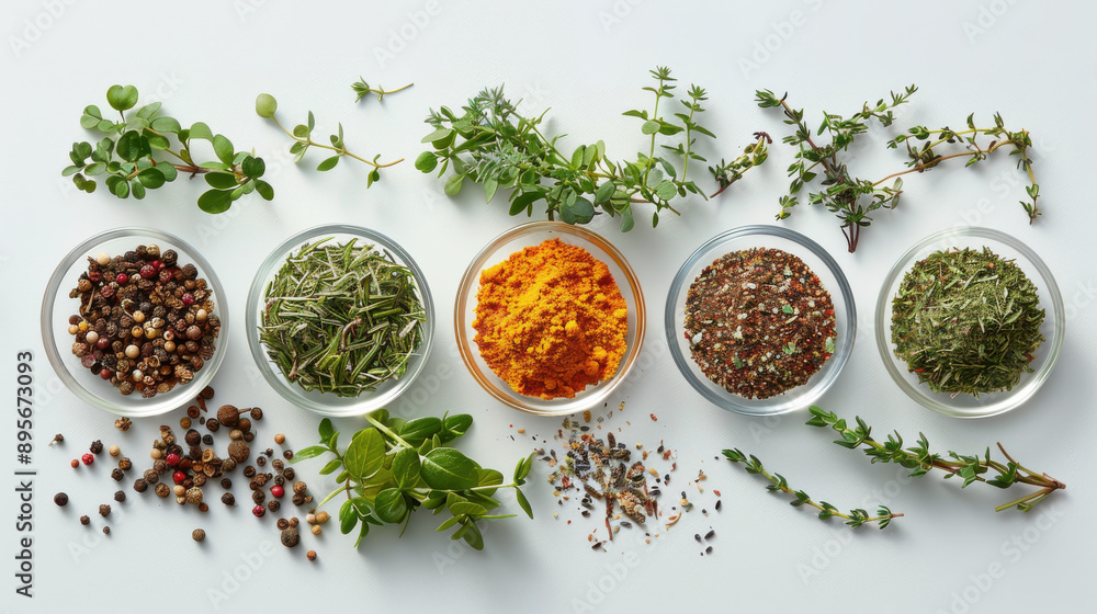 Top angle shot of a variety of herbs and spices on a blank background, highlighting their health benefits in cooking Top angle shot of a variety of herbs and spices on a blank background, highlighting their health benefits in cooking