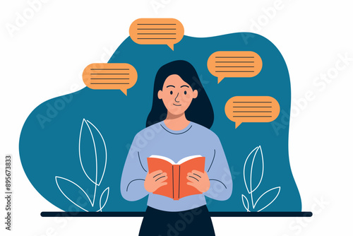 Student Reading Book, Studying Grammar and Academic Literature - Learner Character with Speech Bubbles - Flat Vector Illustration Isolated on White Background