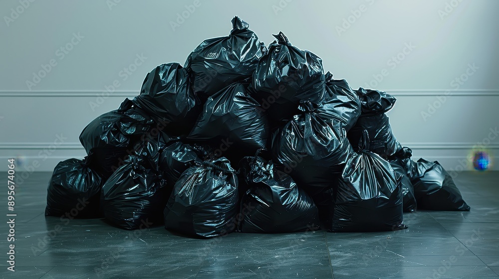 Many garbage bags and full waste bin on the floor near street,front ...