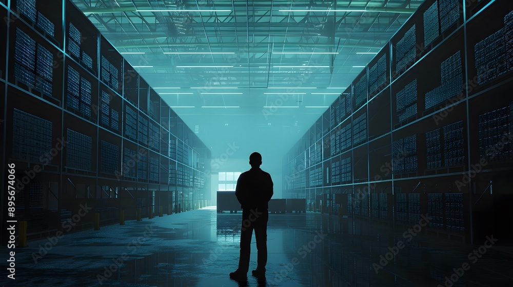 A lone figure stands in a vast, dimly lit warehouse with rows of towering shelves. The atmosphere is one of mystery and solitude. A lone figure stands in a vast, dimly lit warehouse with rows of towering shelves. The atmosphere is one of mystery and solitude.