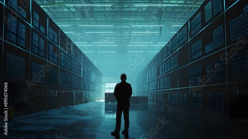 A lone figure stands in a vast, dimly lit warehouse with rows of towering shelves. The atmosphere is one of mystery and solitude.