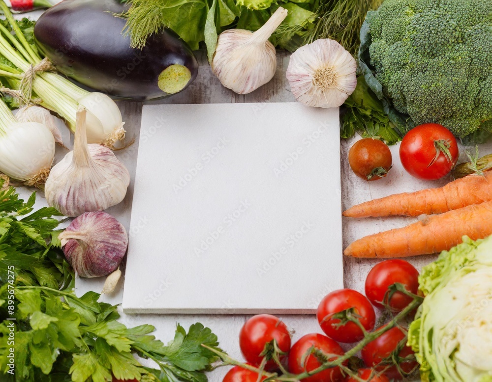 Empty white card and variety of fresh organic vegetables arranged as frame Empty white card and variety of fresh organic vegetables arranged as frame
