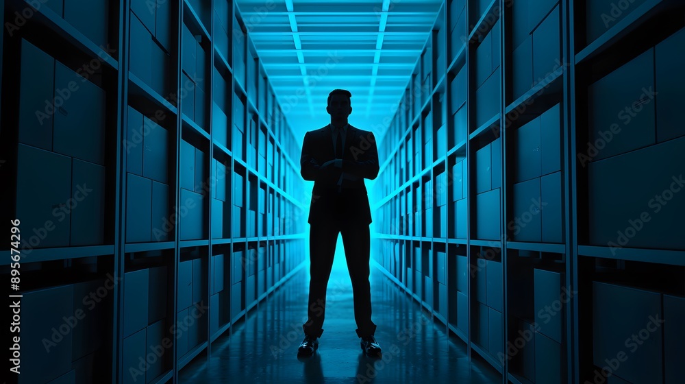 Silhouette of a businessman standing in a futuristic blue hallway. The image is perfect for illustrating themes of technology, business, and mystery. Silhouette of a businessman standing in a futuristic blue hallway. The image is perfect for illustrating themes of technology, business, and mystery.