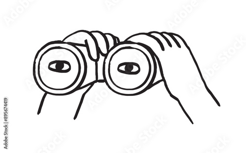 Hands hold binoculars and look through. Vector illustration for search engine or research, web surfing, seo. Doodle outline vector crayon charcoal ink element for web, ui or application design.