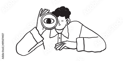 Doodle charcoal drawing of curious man looking through telescope. Business metaphor for search or research, development, web surfing. Trendy outline vector characters for web or ui design.