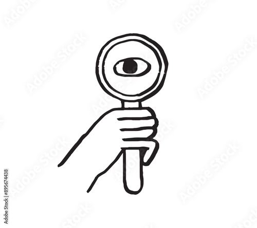 Hand hold loupe and look through. Vector illustration for search engine or research, web surfing, seo. Doodle outline vector crayon charcoal ink element for web, ui or application design.