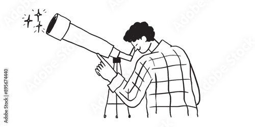 Doodle charcoal drawing of curious man looking through telescope. Business metaphor for search or research, development, web surfing. Trendy outline vector characters for web or ui design.