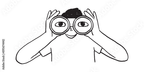 Curious man looking through binoculars. Business metaphor for search or research, development, web surfing. Trendy outline vector characters for web or ui design.