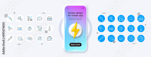 Chemistry pipette, Chat bubble and No music line icons. Phone mockup with 3d energy icon. Pack of Love gift, Champagne bottle, Cursor icon. Tool case, Favorite chat, Investment pictogram. Vector