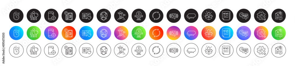 Full rotation, Leadership and Fast delivery line icons. Round icon gradient buttons. Pack of Loyalty program, Global business, Search people icon. Customisation, Speaker, Fake news pictogram. Vector Full rotation, Leadership and Fast delivery line icons. Round icon gradient buttons. Pack of Loyalty program, Global business, Search people icon. Customisation, Speaker, Fake news pictogram. Vector