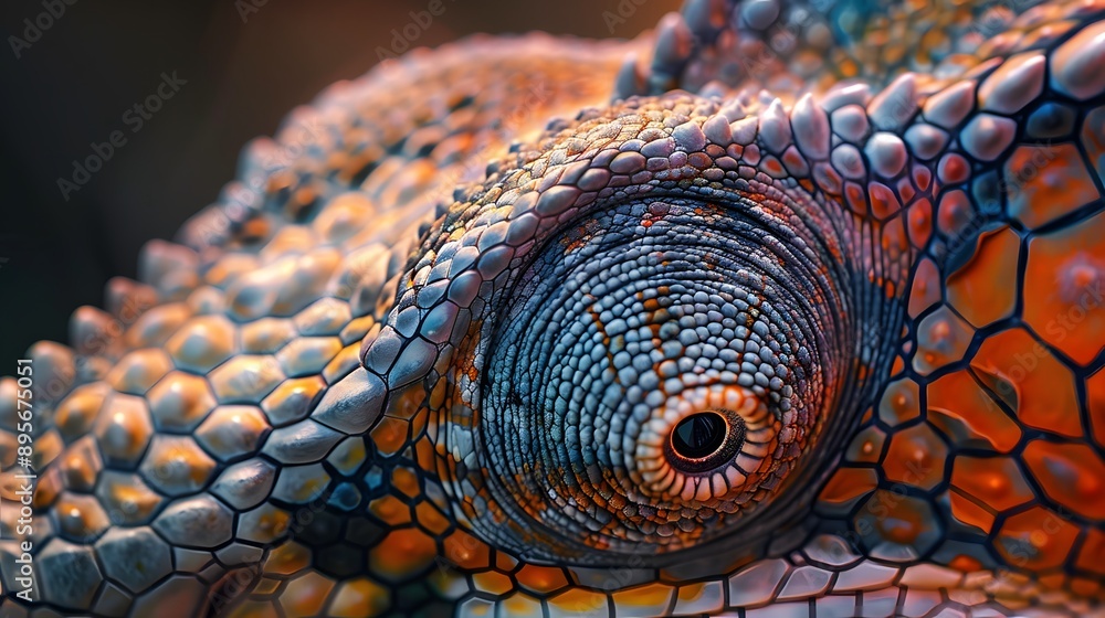 Fototapeta premium Close-up of a Chameleon's Eye with Detailed Skin Texture