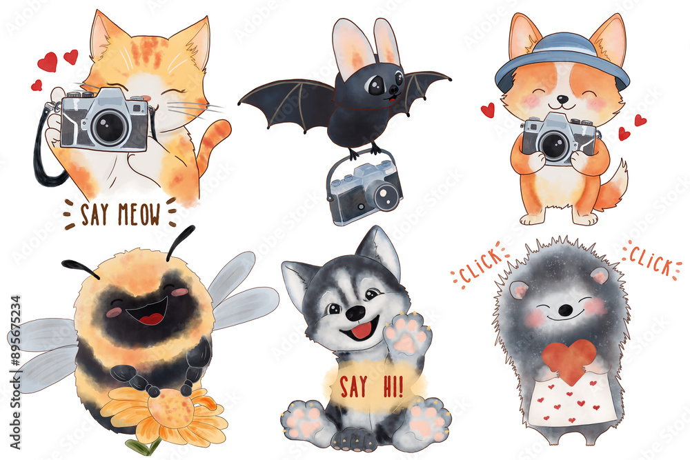 Cute watercolor stickers with animals and cameras: cat, dog, bee, bat, hedgehog Photographer's Day Cute watercolor stickers with animals and cameras: cat, dog, bee, bat, hedgehog Photographer's Day